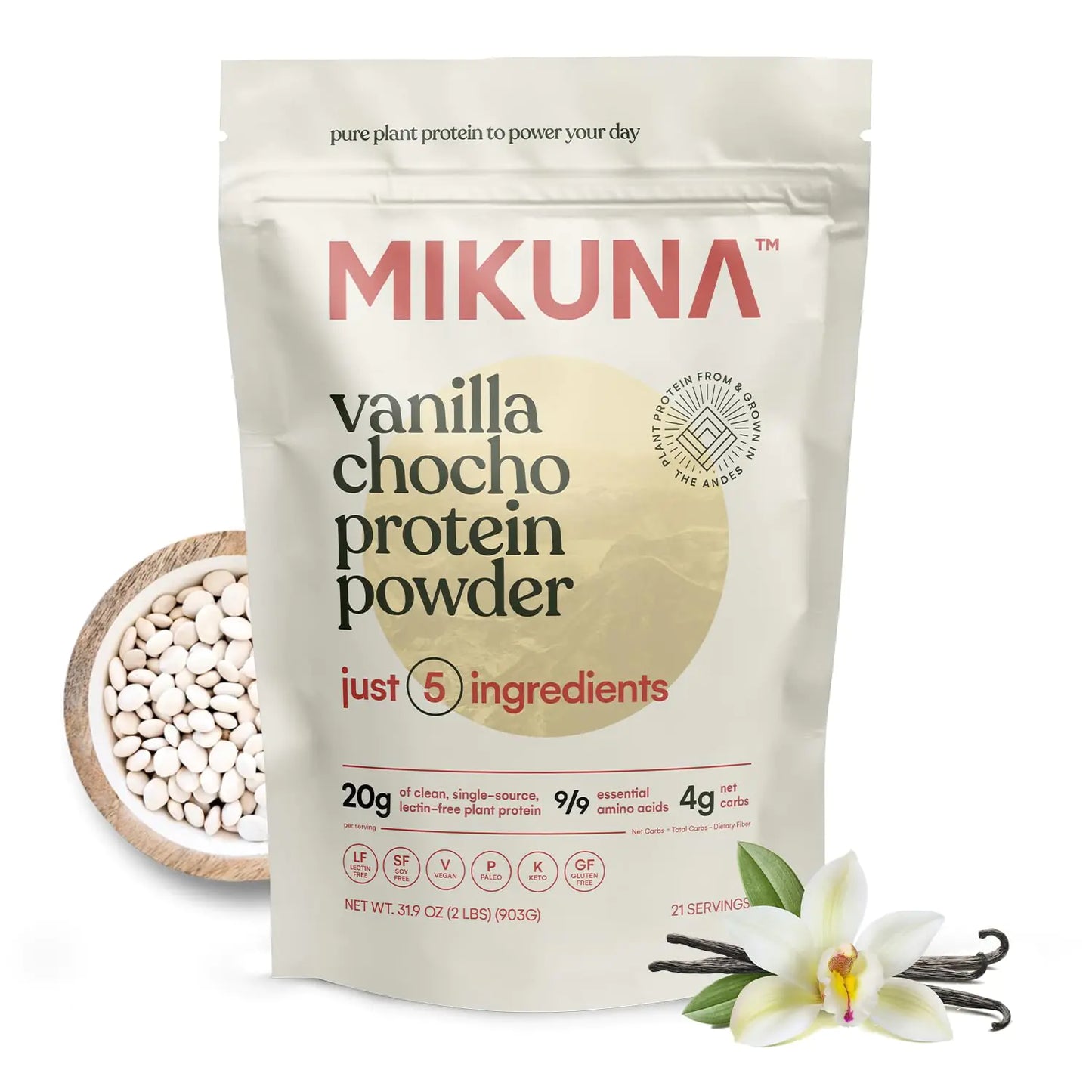 Mikuna Vegan Protein Powder (Vanilla 21 Servings) - Plant Based Chocho Superfood Protein - Dairy Free Protein Powder Packed with Vitamins Minerals & Fiber - Gluten Keto & Lectin-Free - Green Life & Fitness